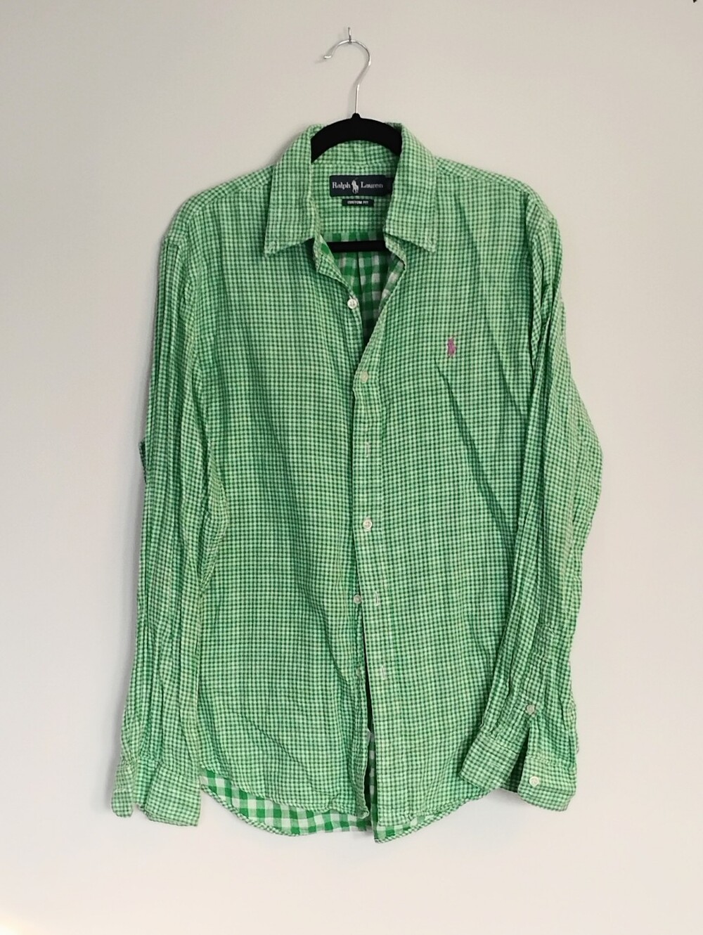 Ralph Lauren Green Gingham Button-Down Shirt 100% Cotton Poplin